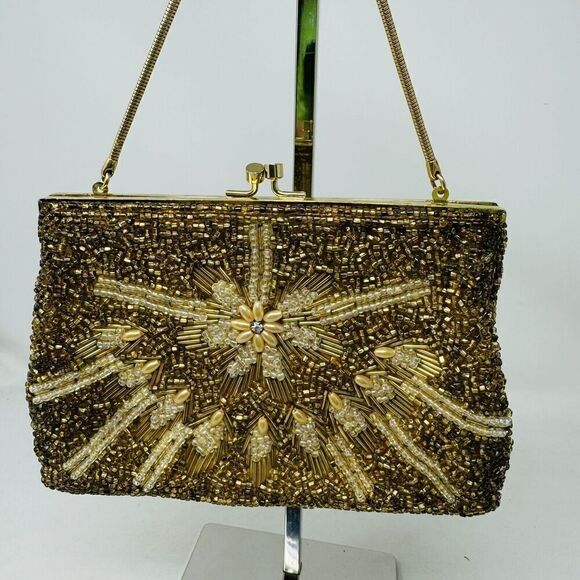 Gold Evening Bag beaded 7”‎ Kiss Lock Vintage - Picture 3 of 9